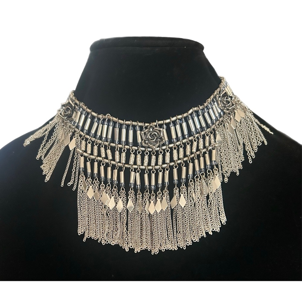 Silver Tone Rose Chain Fringe Bib Rocker Chic Statement Necklace Boho Y2K